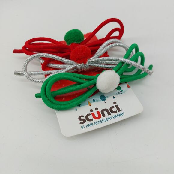 Scunci Christmas Red Silver Green Pom Pom Hair Ties Christmas Themed - Picture 2 of 7